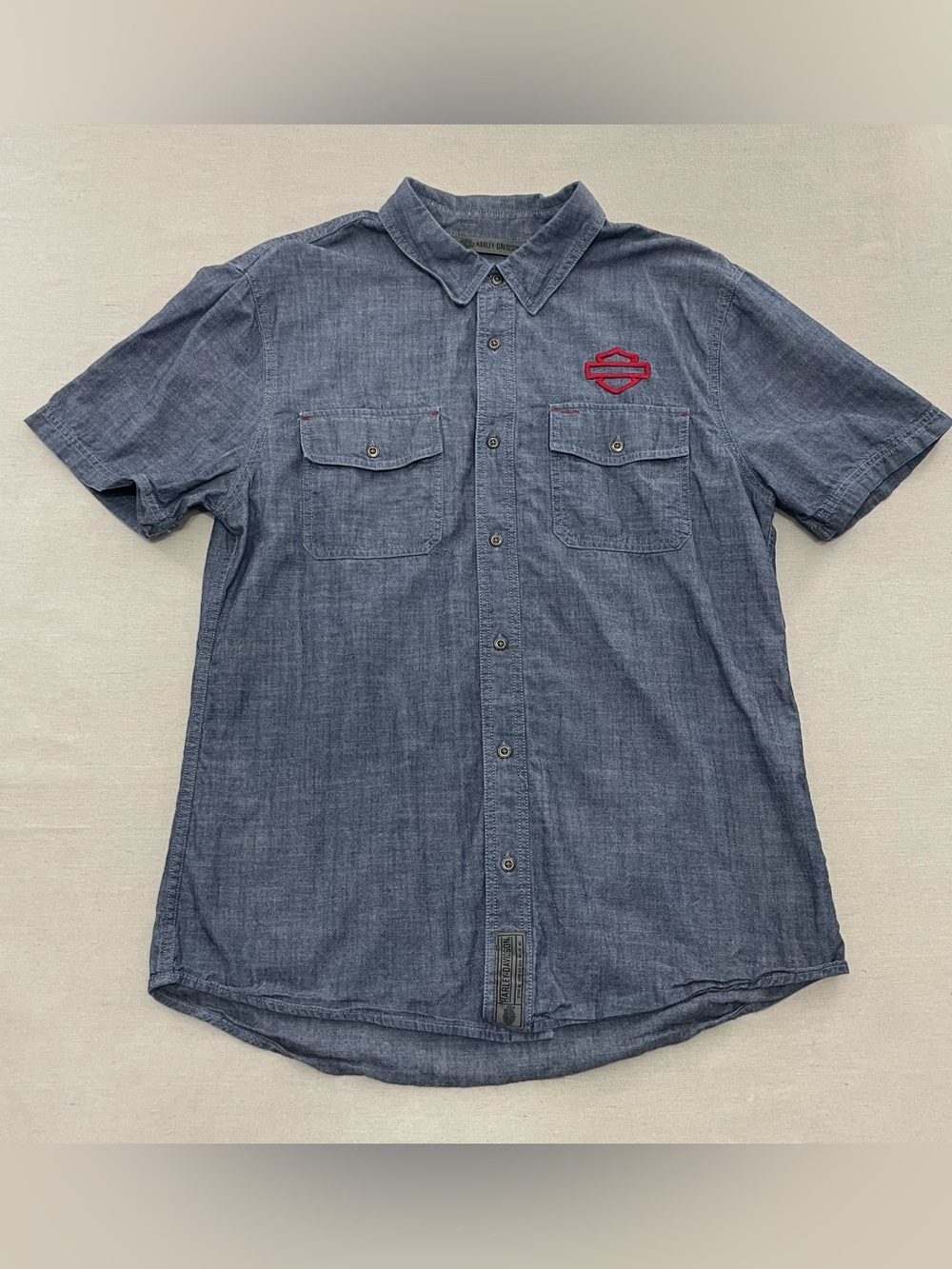 Harley Davidson Milwaukee Wisconsin Embroidered Chambray Button Up Shirt Sz L
